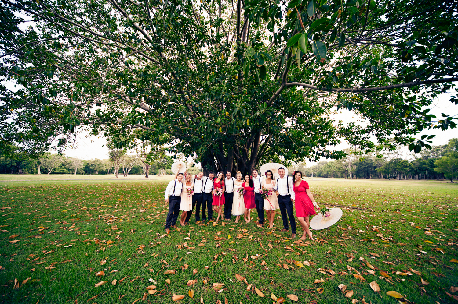 Bride and Groom with Mates under a Majestic Tree on their Wedding Day